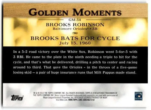 Original gloss Brooks Robinson baseball card from 2012 Topps Golden Moments series