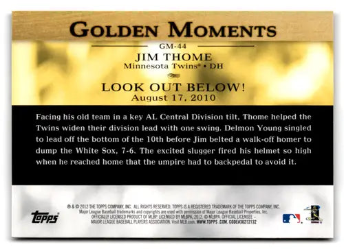 Jim Thome baseball card from 2012 Topps Golden Moments series in mint condition