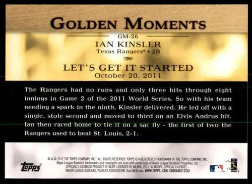 Ian Kinsler baseball card from 2012 Topps Golden Moments Series 2 topless golden collectibles
