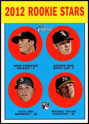 2012 Topps Heritage Rookie Stars baseball card featuring Addison Reed and Drew Pomeranz