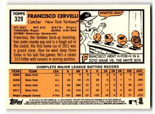 Baseball card back featuring original gloss on Topps Heritage Francisco Cervelli NY Yankees