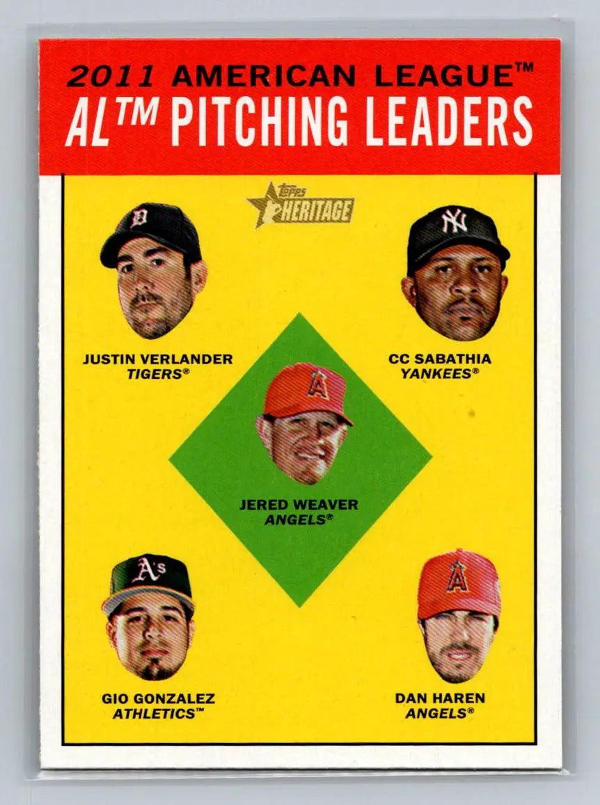 2012 Topps Heritage baseball card featuring 2011 American League pitching leaders