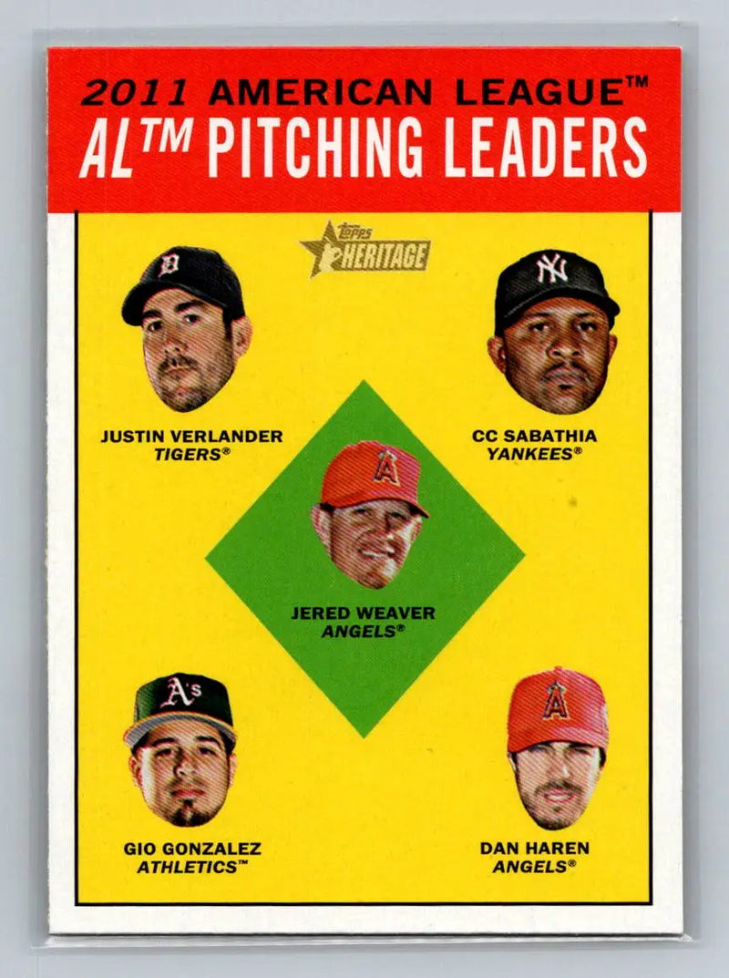 2012 Topps Heritage baseball card featuring 2011 American League pitching leaders