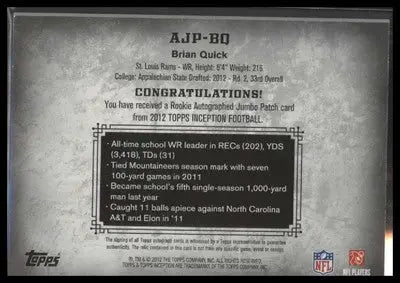 2012 Topps Inception #AJP-BQ Brian Quick Rookie Jumbo Patch Autos Green #/50 - Football Card Single
