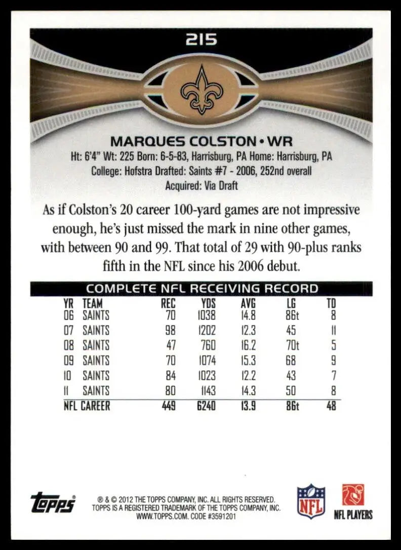 2012 Topps Marques Colston #215 New Orleans Saints Football Card NFL Sports - Football Card Single