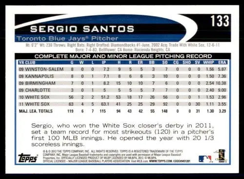 2012 Topps Opening Day #133 Sergio Santos NM-MT Blue Jays ID:81419 - Baseball Card Single