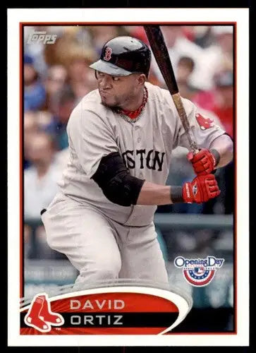 Original gloss baseball card featuring David Ortiz batting in Boston Red Sox uniform from Topps Opening Day