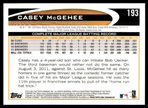 2012 Topps Opening Day #193 Casey McGehee NM-MT Pirates ID:72618 - Baseball Card Single
