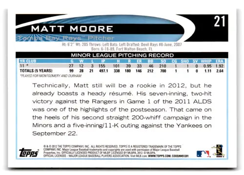 2012 Topps Opening Day #21 Matt Moore NM-MT RC Rookie Rays ID:72581 - Baseball Card Single