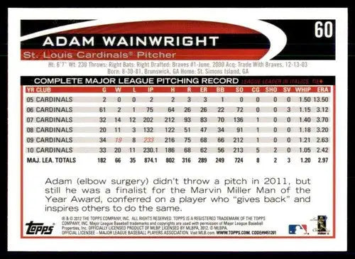 2012 Topps Opening Day #60 Adam Wainwright NM-MT Cardinals ID:73330 - Baseball Card Single