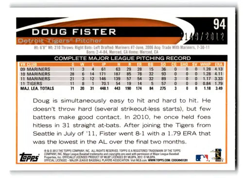2012 Topps Opening Day Blue Border #94 Doug Fister NM-MT 1149/2012 Tige ID:71053 - Baseball Card Single