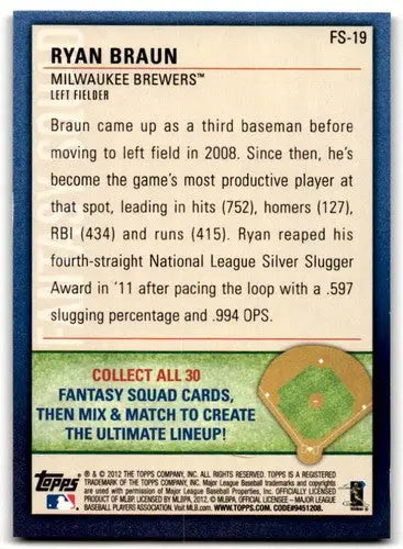 Ryan Braun baseball card back with original gloss from 2012 Topps Opening Day Fantasy Squad