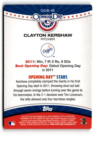 2012 Topps Opening Day Opening Day Stars #ODS-15 Clayton Kershaw NM-MT ID:81581 - Baseball Card Single