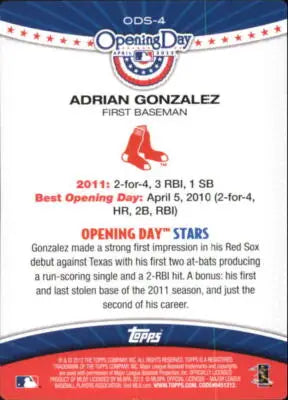 2012 Topps Opening Day Opening Day Stars #ODS-4 Adrian Gonzalez NM-MT Red Sox - Baseball Card Single