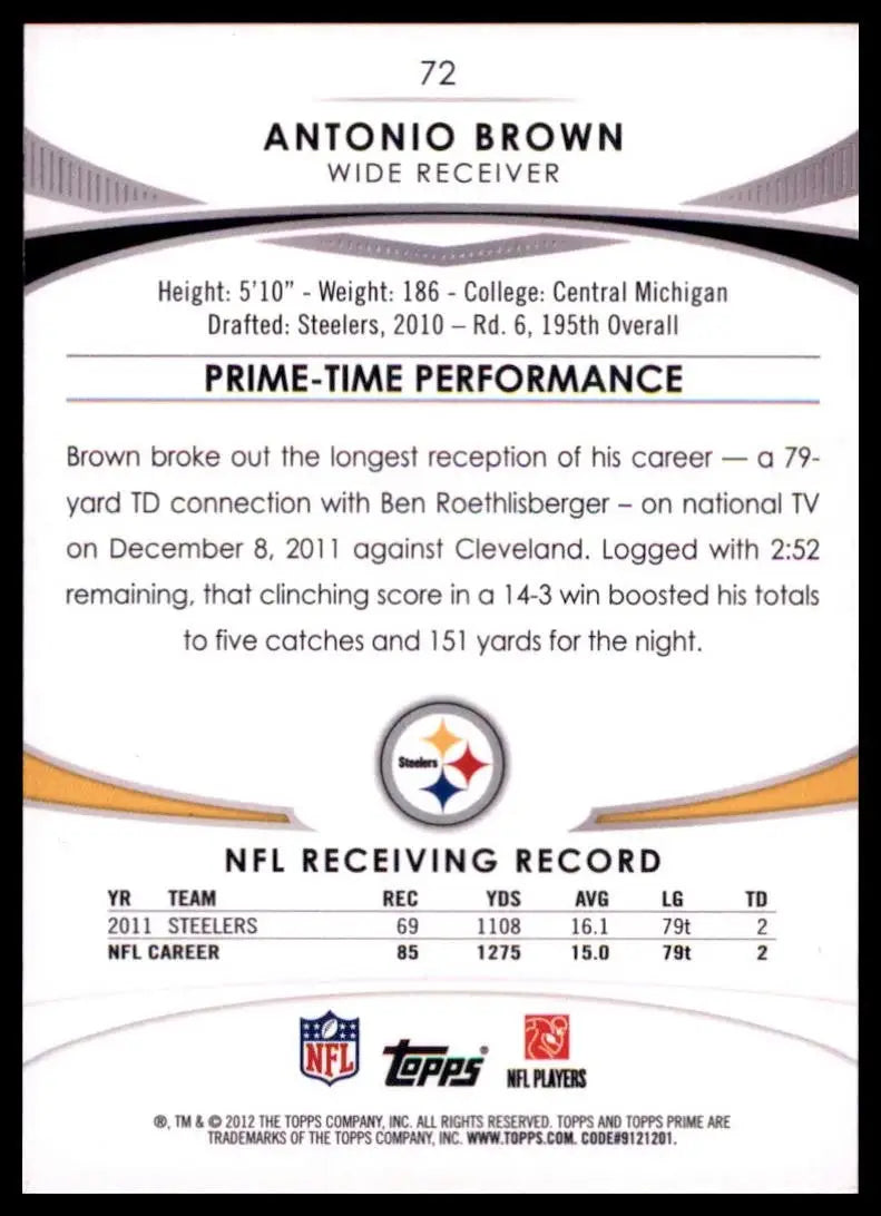 2012 Topps Prime - Antonio Brown #72 Retail - Football Card Single