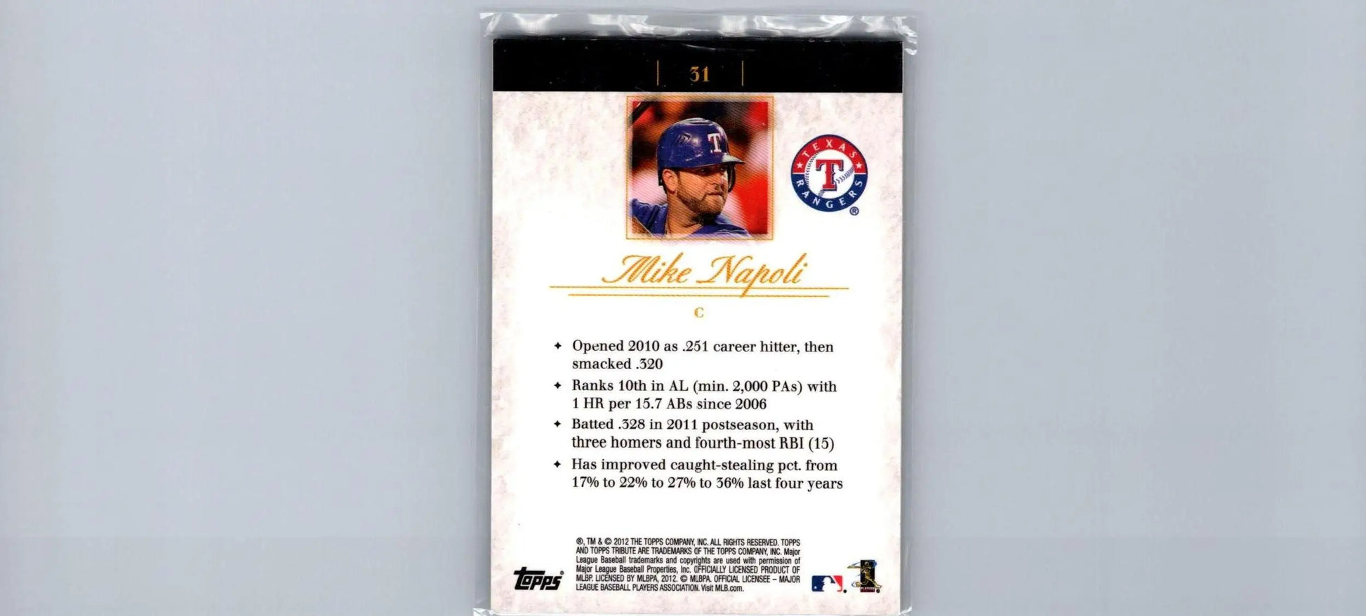 Mike Napoli baseball card from 2012 Topps Tribute Bronze #/299 collectible item