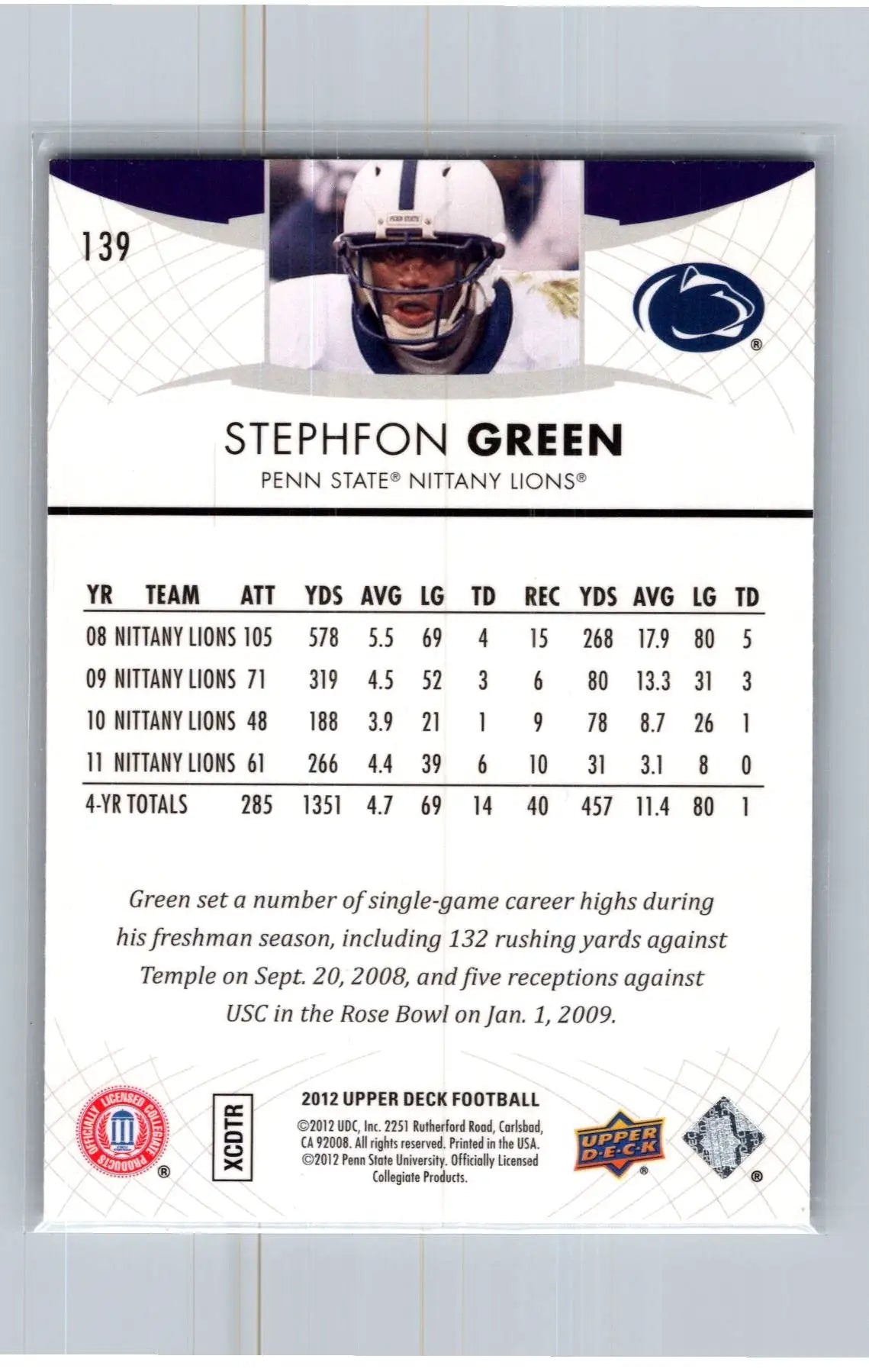 2012 Upper Deck #139 Stephfon Green Penn State Nittany Lions - Football Card Single