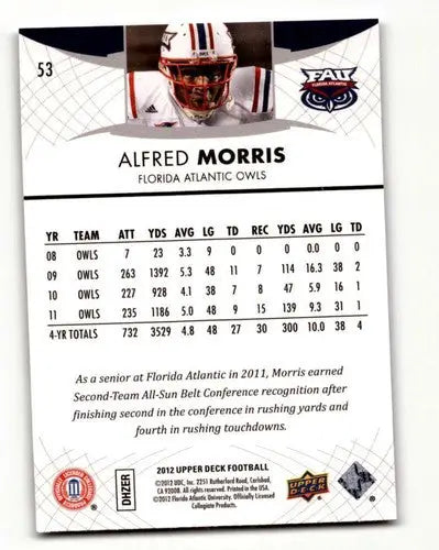 Original gloss 2012 Upper Deck Alfred Morris Florida Atlantic Football card display