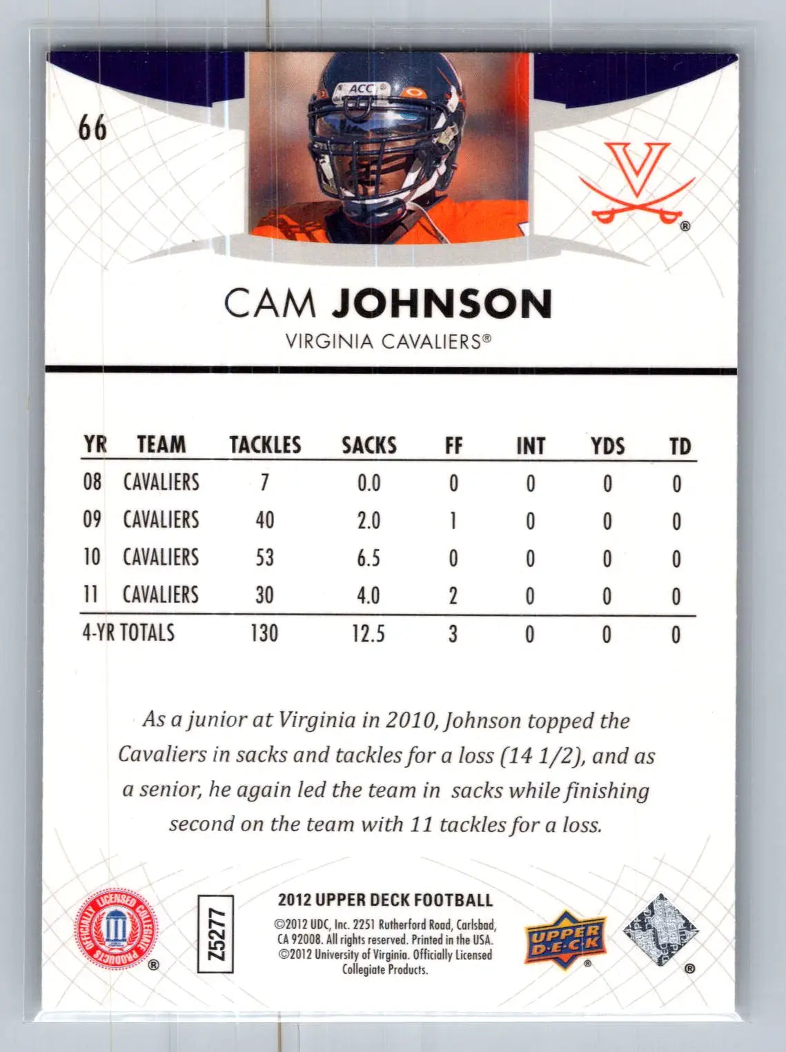 2012 Upper Deck #66 Cam Johnson Virginia Cavaliers - Basketball Card Single
