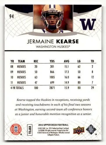 2012 Upper Deck Jermaine Kearse Washington Huskies football card with original gloss