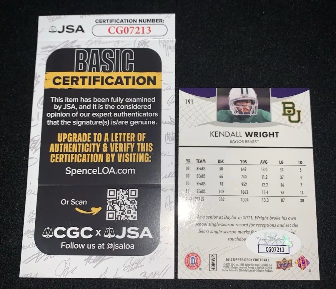 Kendall Wright football card with JSA authentication from 2012 Upper Deck Star Rookies Baylor Bears