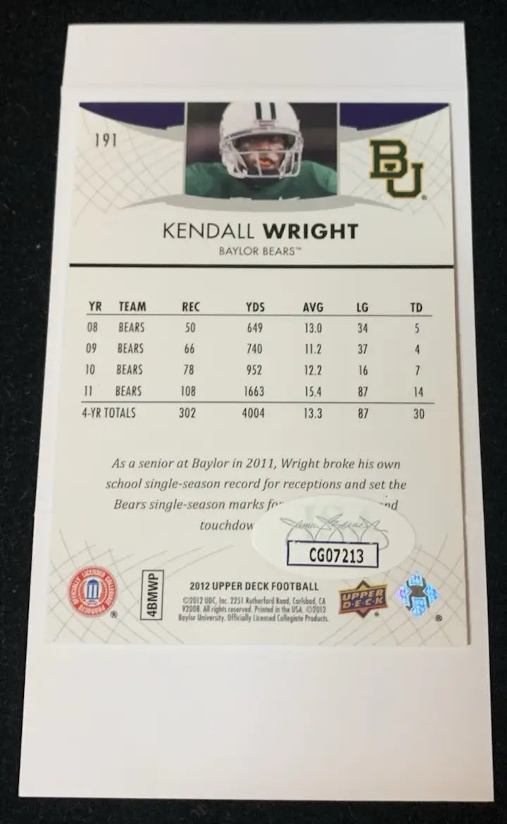 Kendall Wright football card from 2012 Upper Deck Star Rookies featuring Baylor Bears autograph