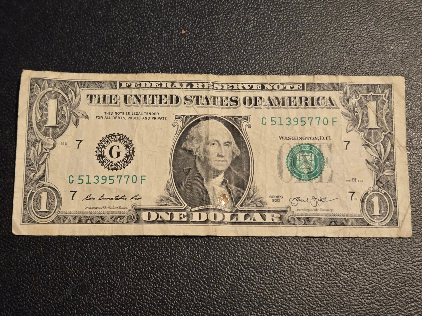 2013 $1 One Dollar Federal Reserve Note Chicago G Series Washington Bill - Coins & Currency