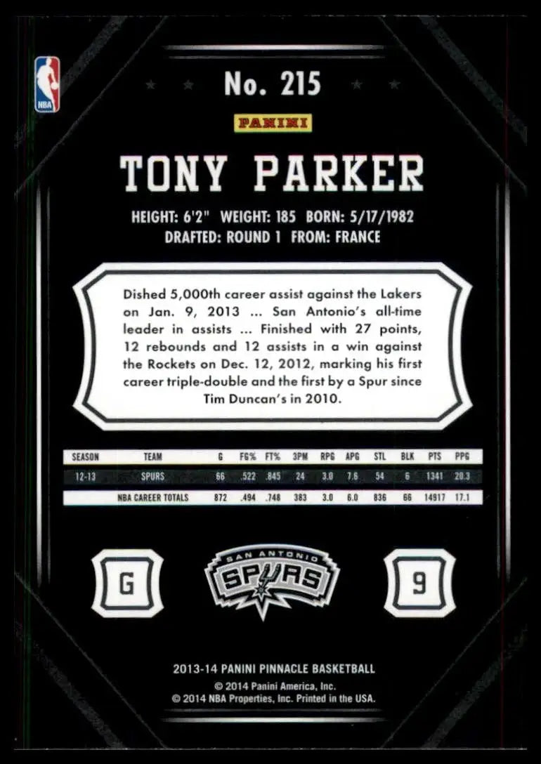2013-14 Panini Pinnacle Tony Parker #215 San Antonio Spurs Basketball Card NBA