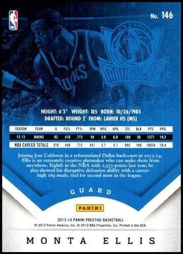 Original gloss Panini Prestige Monta Ellis basketball card from 2013-14 Mavericks series