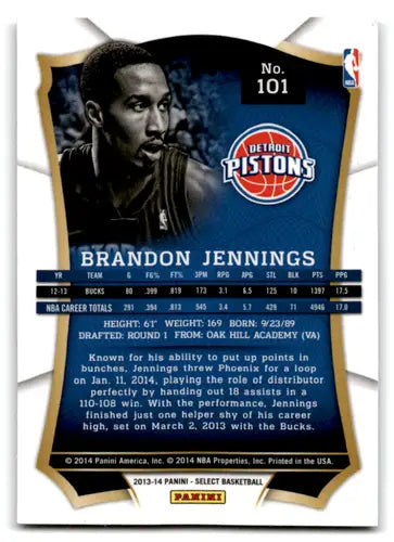 2013-14 Panini Select Brandon Jennings basketball card with original gloss Pistons ID 67556