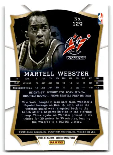 Original gloss Panini Select Martell Webster basketball card from 2013-14 Wizards series
