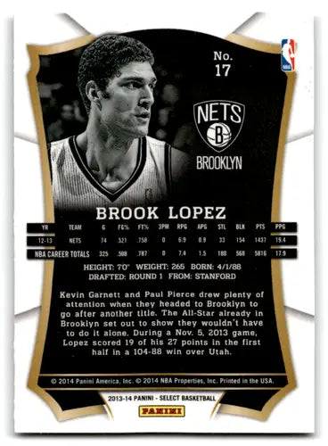 Brook Lopez Panini Select basketball card with original gloss from 2013-14 Nets series