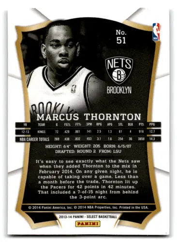 Original gloss Panini Select Marcus Thornton basketball card from 2013-14 Nets collection