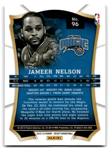 Panini Select Jameer Nelson basketball card with original gloss from 2013-14 Magic series