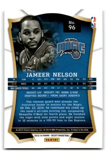 Panini Select Jameer Nelson basketball card with original gloss from 2013-14 Magic series
