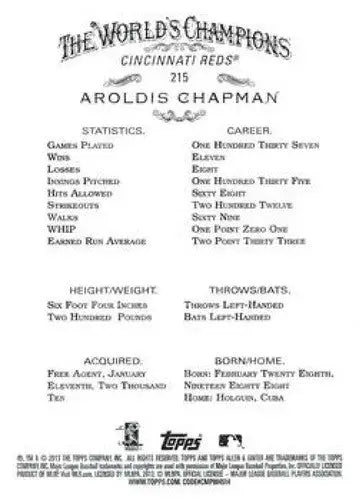 Original gloss baseball card featuring Aroldis Chapman NMMT with player stats and bio
