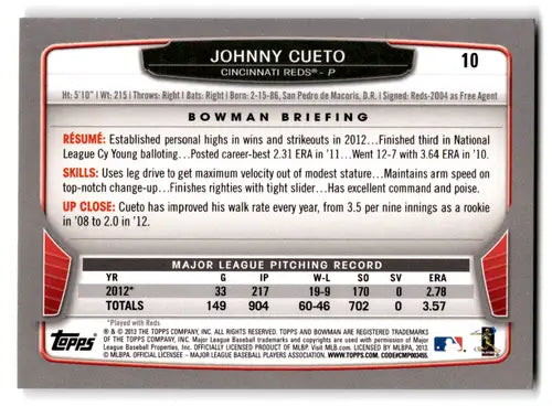 Original gloss Johnny Cueto baseball card 2013 Bowman NM-MT Reds ID 71656