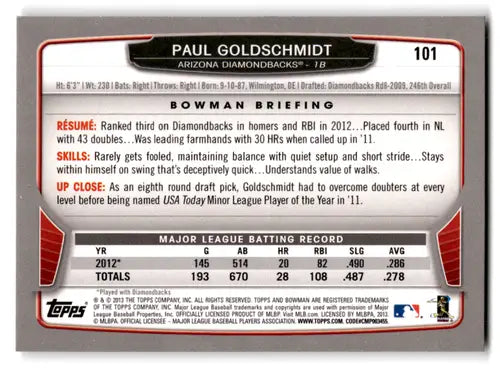 2013 Bowman #101 Paul Goldschmidt NM-MT Diamondbacks ID:72050 - Baseball Card Single
