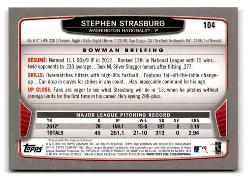 Original gloss Stephen Strasburg baseball card 2013 Bowman NM-MT Nationals ID73066
