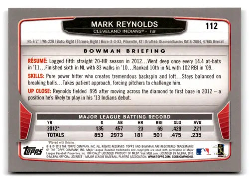 2013 Bowman Mark Reynolds baseball card with original gloss NM-MT Indians ID:72933