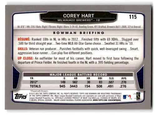2013 Bowman #115 Corey Hart NM-MT Brewers ID:70753 - Baseball Card Single