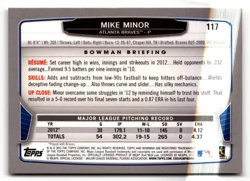 2013 Bowman #117 Mike Minor NM Near Mint Braves ID:64278 - Baseball Card Single