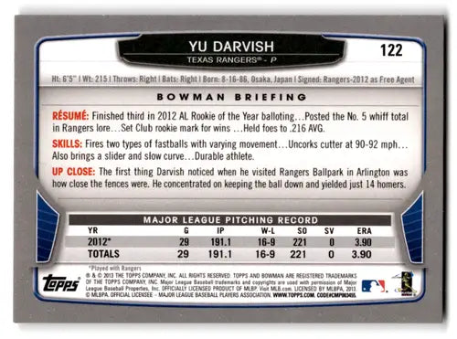 2013 Bowman #122 Yu Darvish NM-MT Rangers ID:70836 - Baseball Card Single