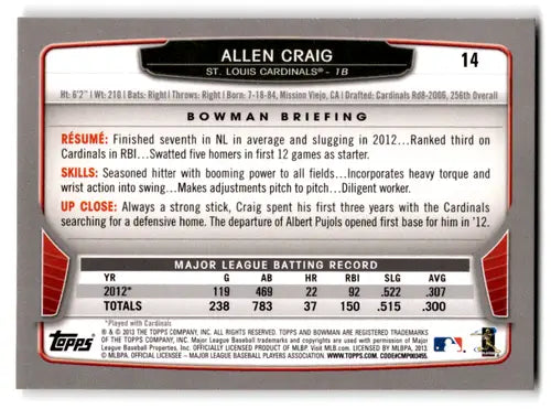 2013 Bowman Allen Craig baseball card with original gloss, NM-MT condition