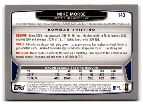 Back of a baseball trading card featuring Mike Morse in original gloss NM-MT condition