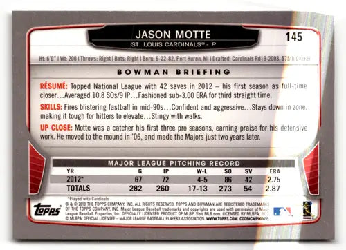 Original gloss Jason Motte baseball card from 2013 Bowman featuring Cardinals player