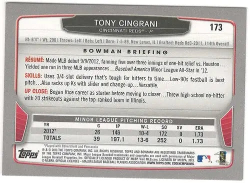 Tony Cingrani rookie Reds baseball card with original gloss from 2013 Bowman