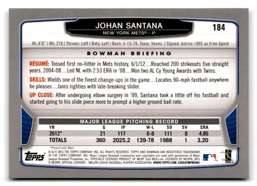 Johan Santana baseball card back with original gloss, 2013 Bowman NM-MT Mets ID 73091
