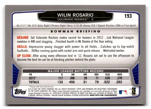 Wilin Rosario baseball card with original gloss from 2013 Bowman NM-MT Rockies