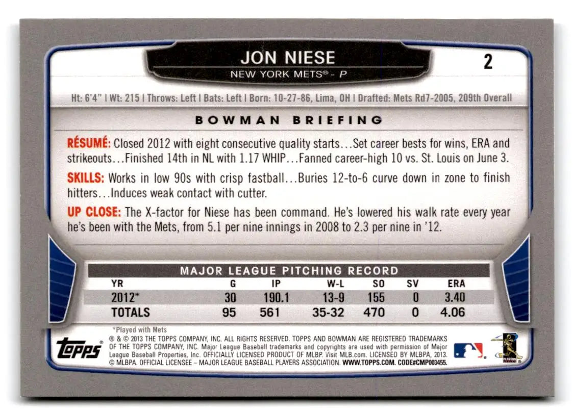 2013 Bowman #2 Jon Niese - Baseball Card Single